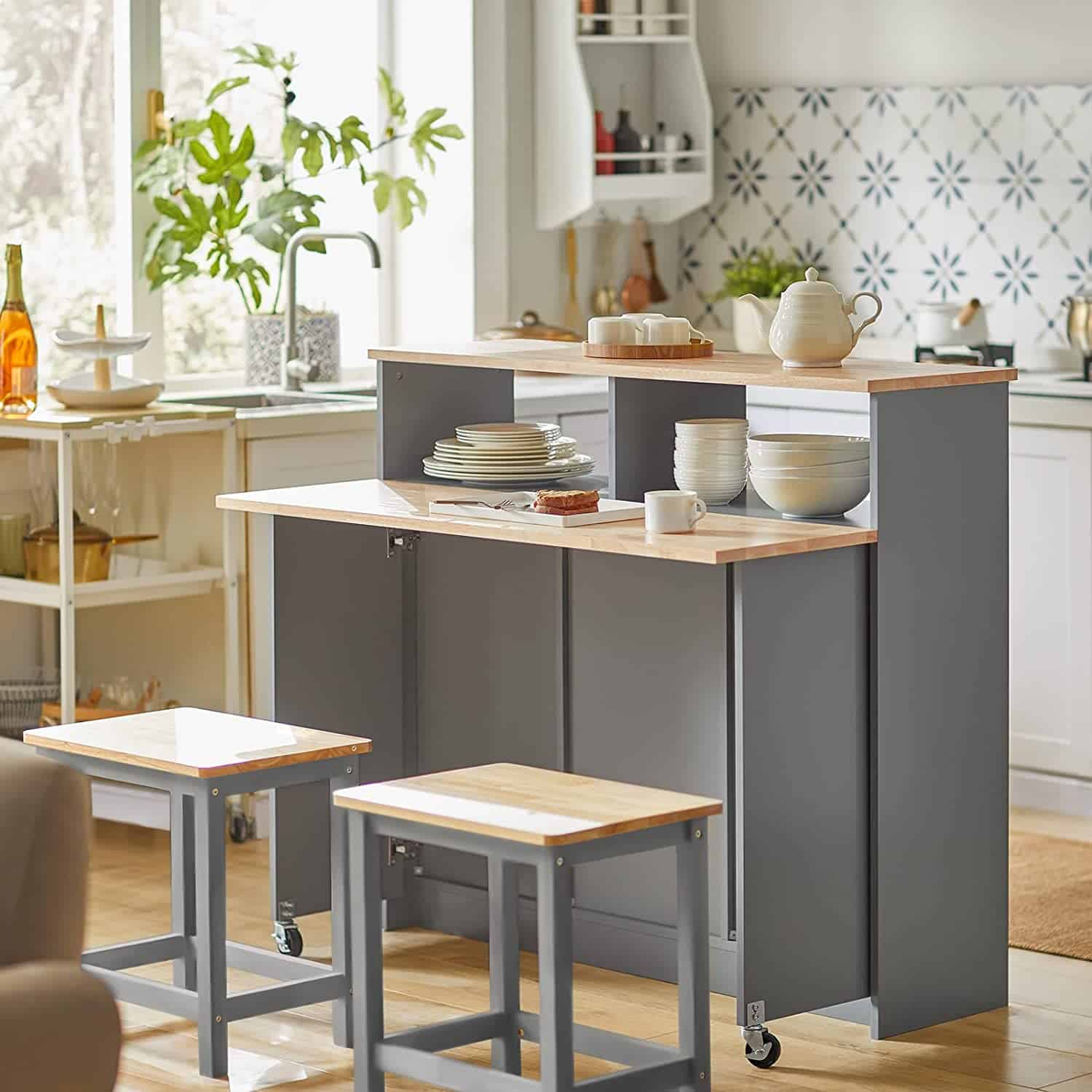Køkkenø / med skydelåger, udklappelig bordplade, køkkenskab, lys grå, 110 x 97 x 68 cm - Køkkenø